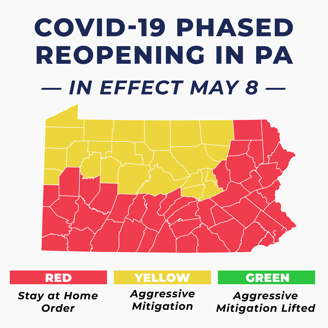 Map of counties re-opening in PA, from Gov. Wolf's Facebook