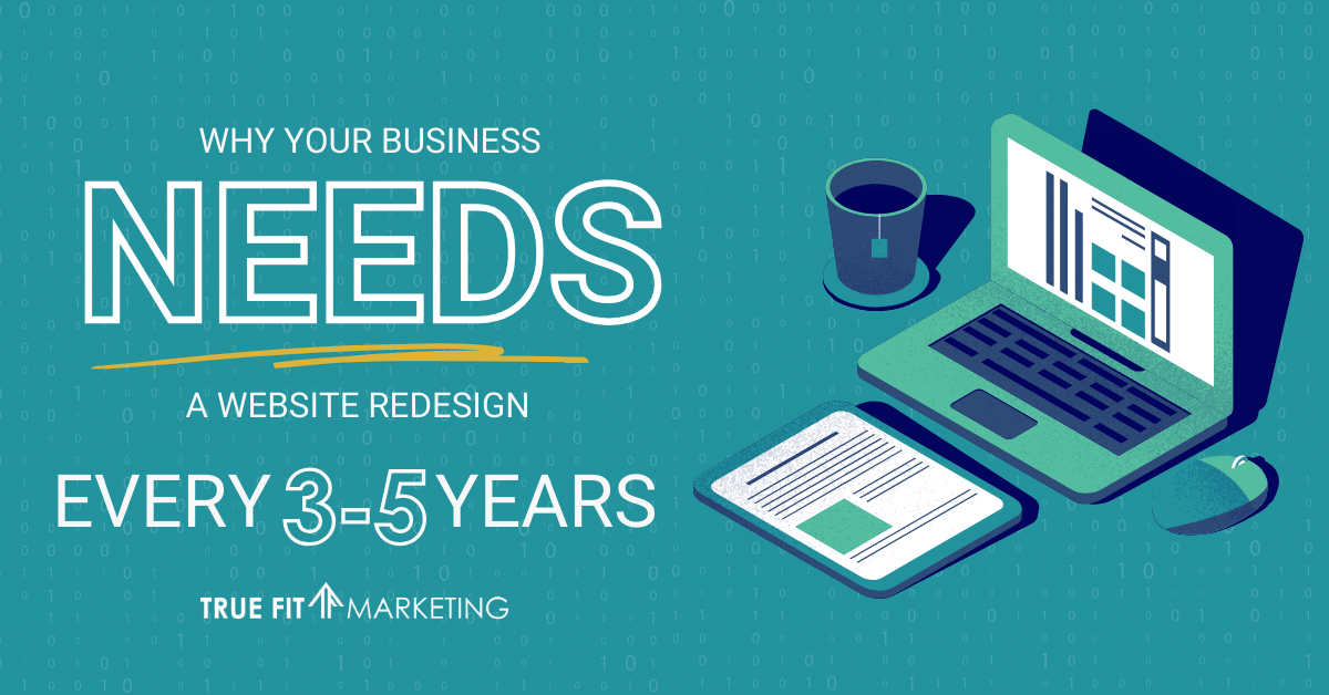 An illustration of a laptop displaying a modern website design, surrounded by icons representing web development, SEO, and user experience. The title "Why Your Business Needs a Website Redesign Every 3-5 Years" is prominently displayed. The background includes abstract digital elements symbolizing technology and innovation.